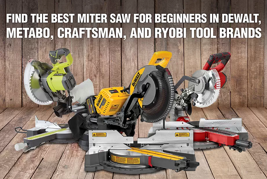  A photo of three miter saws from Ryobi, DeWalt, and craftsman brands