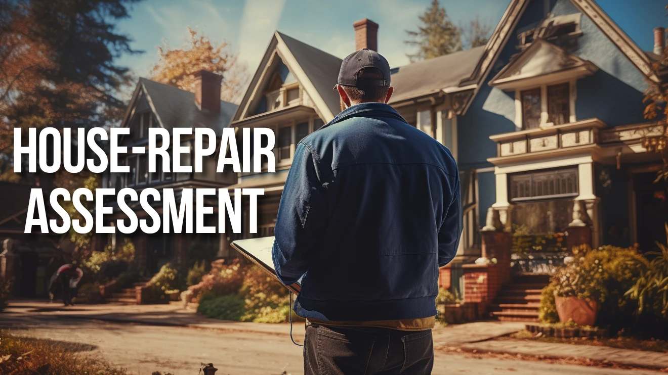 person assessing the repair, standing in front of a house