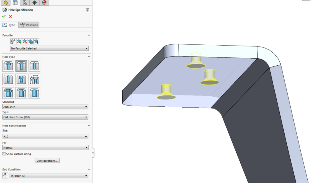 The Hole Wizard also allows us to select the type of countersink, angle, and diameter