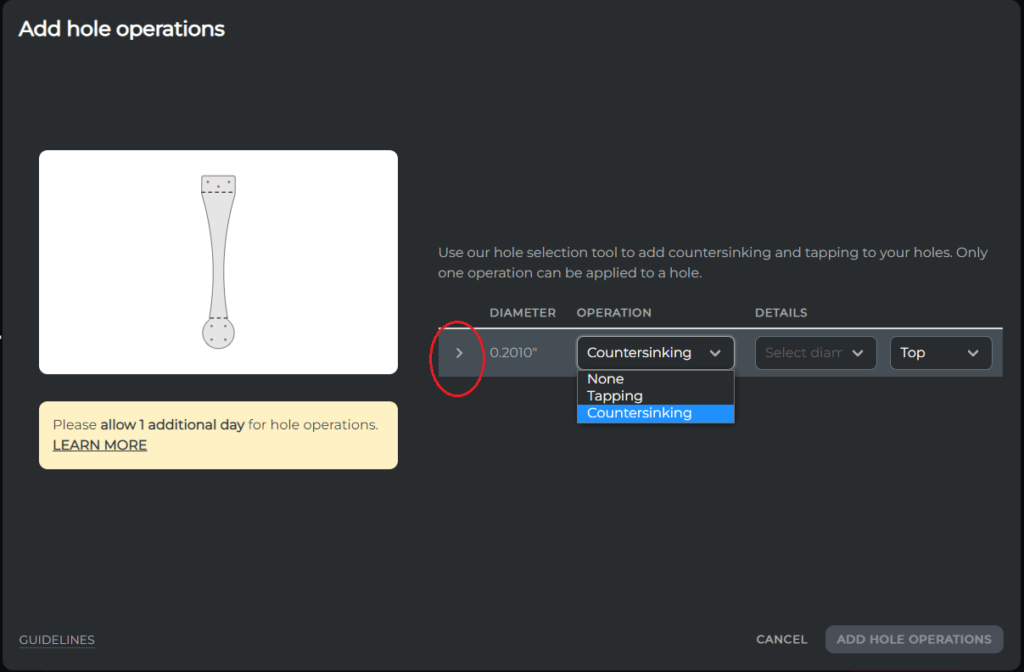 You can choose the operations you want to add to each hole individually. 
